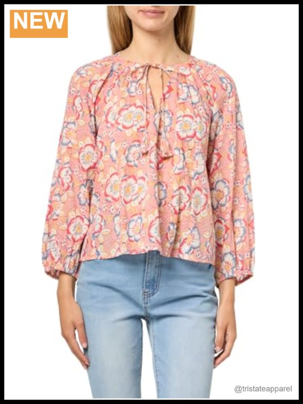 Reese Begonia Cotton Print Blouse Split Neck Long Sleeve